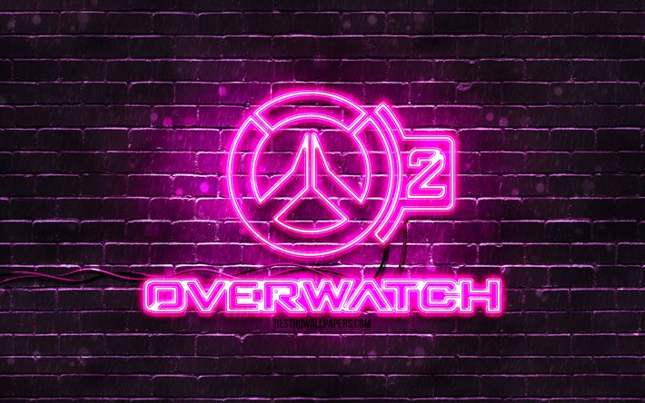 Overwatch 2 logo viola, 4k, muro di mattoni viola, logo Overwatch 2, marchi di giochi, logo Overwatch 2 neon, Overwatch 2