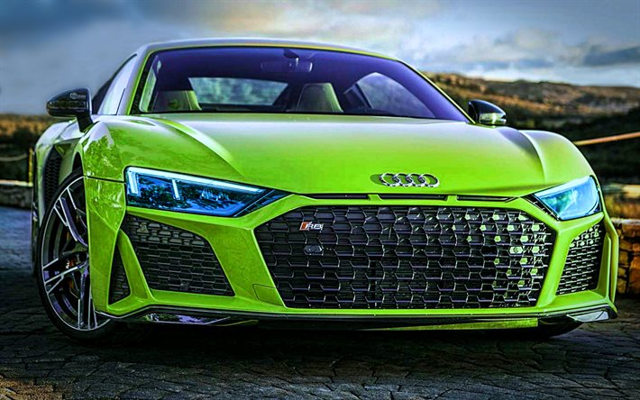 Audi R8:, مشهد أمامي, 2021 سيارة, خاصية التصوير بالمدى الديناميكي العالي / اتش دي ار, شيلت, أودي R8 الخضراء, 2021 أودي R8, سيارات ألمانية, أودي