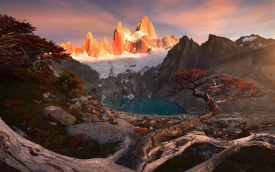 autumn, mountains, Patagonia, sunset, mountain lake
