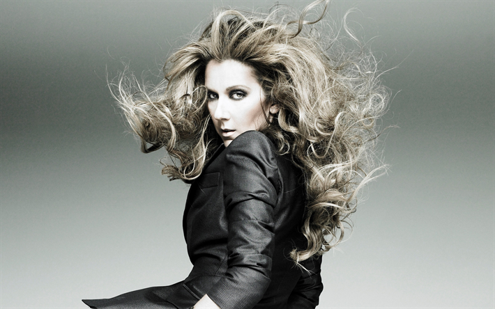 Celine Dion, Kanadalainen laulaja, muotokuva, blondi, harmaa puku, kaunis nainen