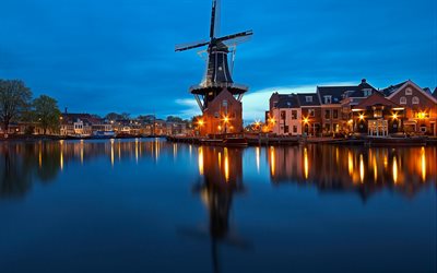 windmill, evening, harbor Weymouth, Haarlem, Netherlands