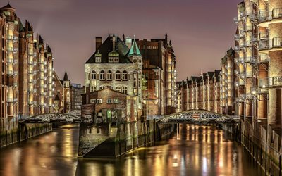 Hamburg, city lights, night, Elbe river, bridges, Germany