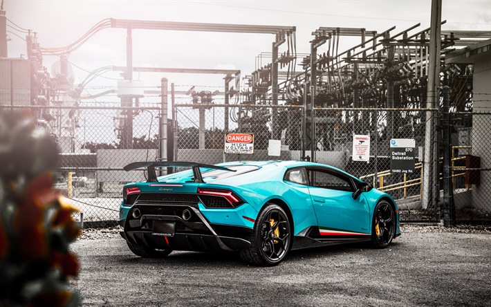 Lamborghini Huracan, 2018, Performante, blu, supercar, vista posteriore, tuning Huracan, ruote nere, blu Huracan, italiana, auto sportive, Lamborghini
