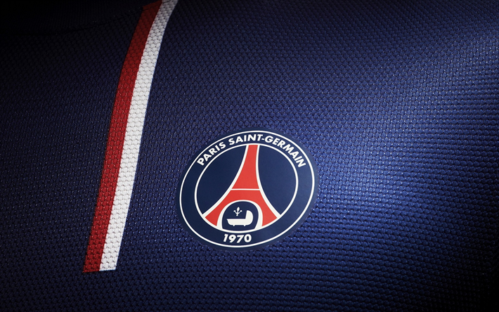 PSG, Fransız Futbol Kul&#252;b&#252;, logo, mavi kumaş arka plan, T-shirt, amblem, Paris Saint-Germain, Fransa, futbol