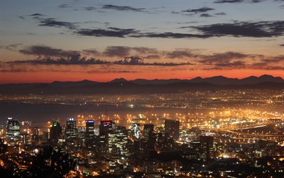La Ville du cap, de la baie, ville c&#244;ti&#232;re, la nuit, les lumi&#232;res de la ville, m&#233;tropole, gratte-ciel, paysage urbain, l&#39;Afrique du Sud, ligne d&#39;horizon, Afrique