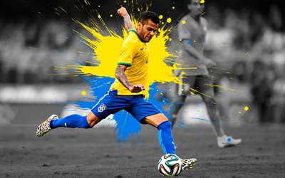 Dani Alves, art, 4k, Brazil national football team, Brazilian footballer, defender, yellow blue splashes of paint, grunge art, creative art, Brazil, football