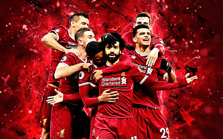 Mohamed Salah, Dominic Solanke, Daniel Sturridge, team, Liverpool, Egyptian footballer, soccer, Premier League, football stars, Salah, neon lights, LFC, Liverpool FC