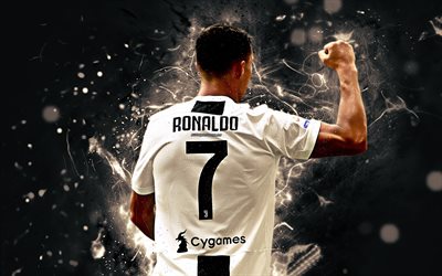 Cristiano Ronaldo, back view, goal, Juventus FC, football stars, neon lights, Serie A, Ronaldo, CR7, footballers, Portuguese footballer, CR7 Juve, soccer, Bianconeri, creative