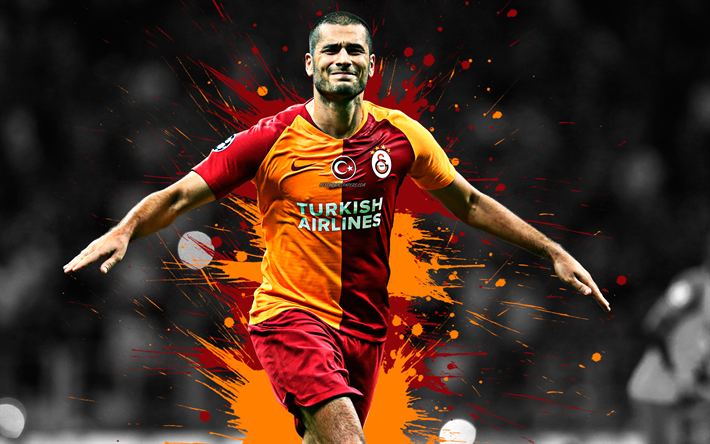 Eren Derdiyok, 4k, l&#39;arte, il Galatasaray SK, avanti, calcio svizzero, giocatore, rosso, arancione schizzi di vernice, grunge, arte, Super League, Turchia, calcio