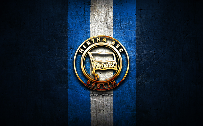 Hertha BSC, golden logo, Bundesliga, blue metal background, football, Hertha FC, german football club, Hertha BSC logo, soccer, Germany