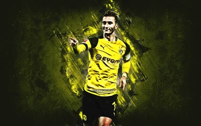 Marco Reus, Borussia Dortmund BVB, portre, Alman futbolcu, h&#252;cum orta saha oyuncusu, yaratıcı sarı arka plan, Bundesliga, futbol, Almanya