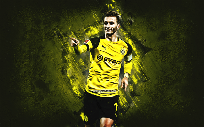 Marco Reus, O Borussia Dortmund, BVB, retrato, Jogador de futebol alem&#227;o, o meia-atacante, criativo fundo amarelo, Bundesliga, futebol, Alemanha