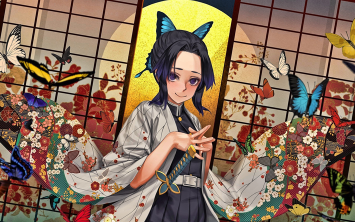 Shinobu Kochou, kimono, Kimetsu no Yaiba, Demon Hunter, butterflies, manga, artwork, Kocho Shinobu