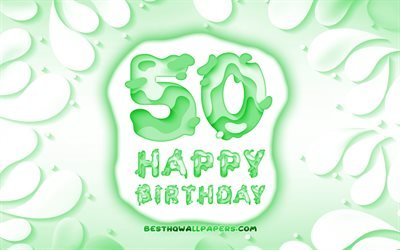 Feliz 50 A&#241;os, Cumplea&#241;os, 4k, 3D p&#233;talos de un marco, Fiesta de Cumplea&#241;os, un fondo verde, Feliz 50 cumplea&#241;os, letras 3D, Fiesta de Cumplea&#241;os n&#250;mero 50 de Cumplea&#241;os, concepto, ilustraci&#243;n, 50 Cumplea&#241;