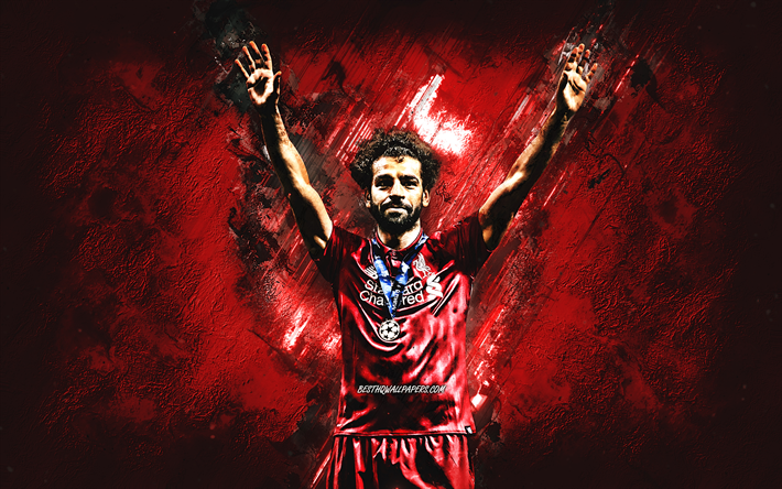 Mohamed Salah, Liverpool FC, Champions League gold medal, Egyptian footballer, portrait, red creative background, Champions League, football