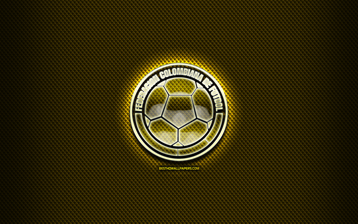 Colombian football team, glass logo, South America, Conmebol, yellow grunge background, Colombia National Football Team, soccer, FCF logo, football, Colombia