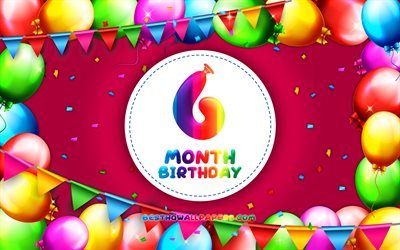 Happy 6th Month birthday, 4k, colorful balloon frame, 6 month of my little girl, purple background, Happy 6 Month Birthday, creative, 6th Month Birthday, Birthday concept, 6 Month Daughter birthday