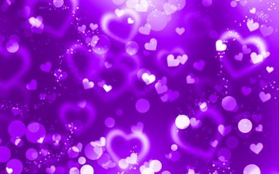 mor Parlama kalpler, 4k, violet glitter arka plan, yaratıcı, sevgi kavramları, soyut kalpler, mor kalpler
