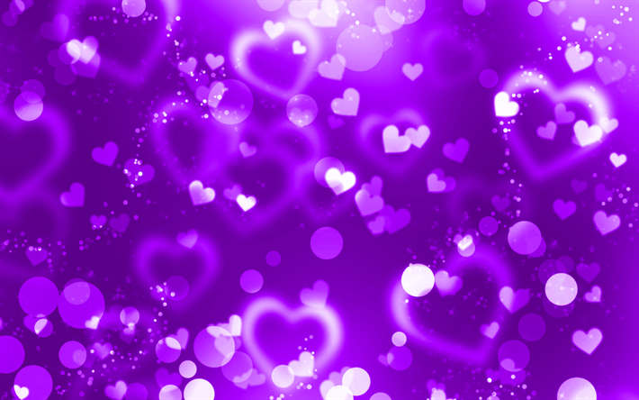 violet glare hearts, 4k, violet glitter background, creative, love concepts, abstract hearts, violet hearts