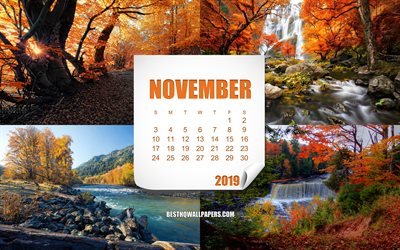 Calendario 2019 novembre, creativo, arte, paesaggi autunnali, autunno sfondo, 2019 Calendario di novembre