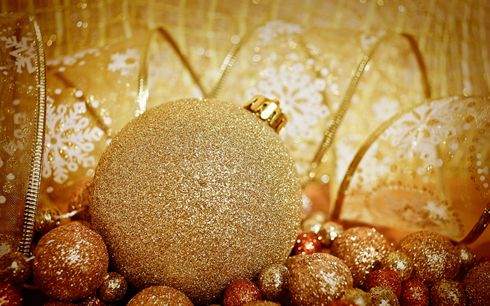 Golden Jul bollar, xmas utsmyckningar, Nytt &#197;r, Golden Christmas bakgrund, jul dekorationer, golden xmas bollar
