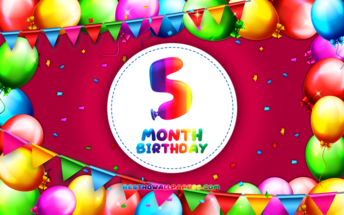 Happy 5th Month birthday, 4k, colorful balloon frame, 5 month of my little girl, purple background, Happy 5 Month Birthday, creative, 5th Month Birthday, Birthday concept, 5 Month Daughter birthday