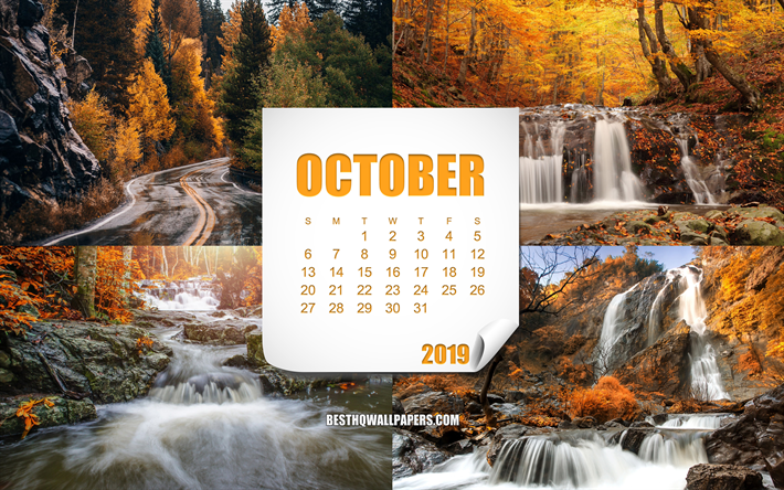 kalender 2019 oktober, herbst, hintergrund, oktober 2019-monats-kalender, konzepte, konzepte 2019