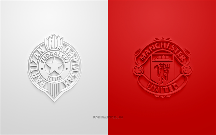 Partizan vs Manchester United, l&#39;Europa League, 2019, promo, partita di calcio, UEFA, Gruppo L, UEFA Europa League, il Manchester United FC, FC Partizan, arte 3d, 3d logo