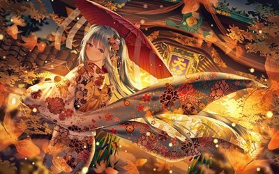 4k, Hatsune Miku, kimono, Vocaloid Caract&#232;res, illustrations, automne, manga, Vocaloid, fille avec les cheveux bleus, Hatsune Miku avec parasol, Miku Hatsune