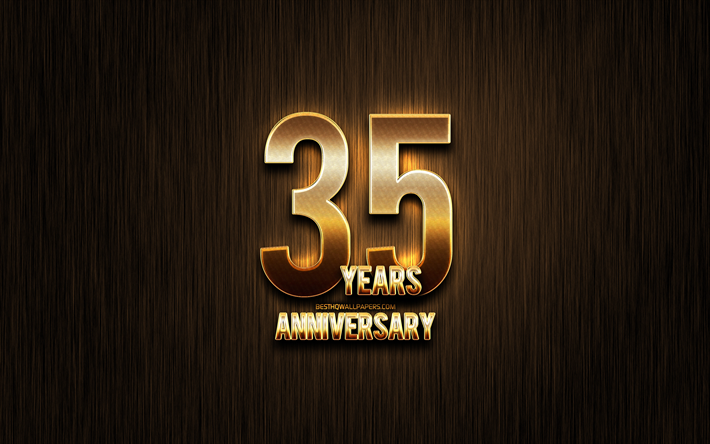 35 Years Anniversary, golden glitter signs, anniversary concepts, linear metal background, 35th anniversary, creative, Golden 35th anniversary sign