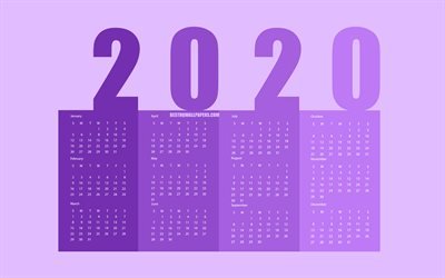 Viola 2020 Calendario, tutti i mesi, il minimalismo, stile, 2020 mesi di calendario, sfondo viola, 2020 concetti