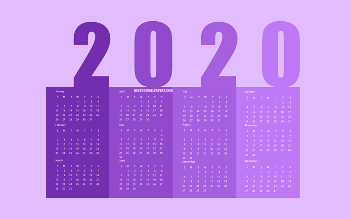 Violetti 2020 Kalenteri, kaikki kuukautta, minimalismi tyyli, 2020 kuukauden kalenteri, violetti tausta, 2020 k&#228;sitteit&#228;