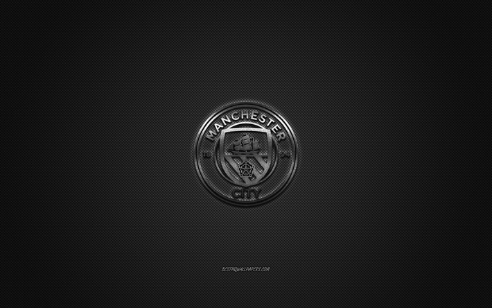 Manchester City FC, English football club, Premier League, silver logo, gray carbon fiber background, football, Manchester, England, Manchester City logo