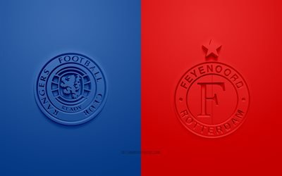 Rangers FC vs Feyenoord, Europa League, en 2019, promo, partido de f&#250;tbol, la UEFA, Grupo G de la UEFA Europa League, Rangers FC, Feyenoord, arte 3d, 3d logo