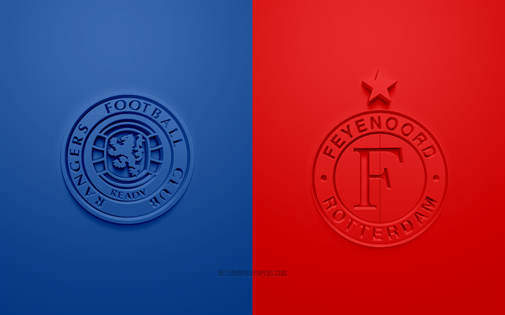 O Rangers FC vs Feyenoord, Liga Europa, 2019, promo, partida de futebol, A UEFA, Grupo G, A UEFA Europa League, O Rangers FC, Vamos, Arte 3d, Logo em 3d
