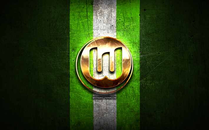 Le VfL Wolfsburg, golden logo, de la Bundesliga, green metal background, football, Wolfsburg FC, french football club, le VfL Wolfsburg logo, soccer, Germany
