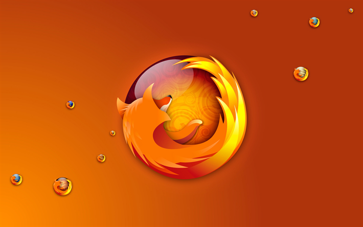 Mozilla Firefox 3D logo, 4k, yaratıcı, turuncu arka plan, Mozilla Firefox logo, resimler, Mozilla Firefox