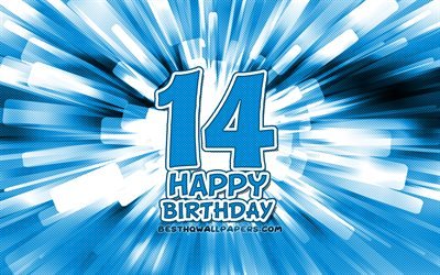 Happy 14th birthday, 4k, blue abstract rays, Birthday Party, creative, Happy 14 Years Birthday, 14th Birthday Party, cartoon art, Birthday concept, 14th Birthday