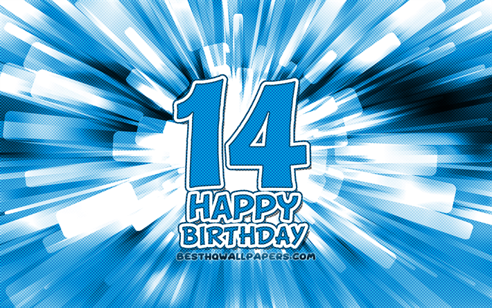 Happy 14th birthday, 4k, blue abstract rays, Birthday Party, creative, Happy 14 Years Birthday, 14th Birthday Party, cartoon art, Birthday concept, 14th Birthday