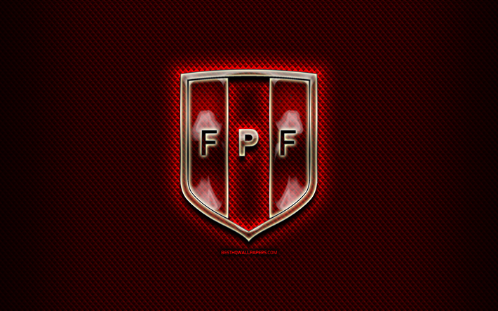 Peru futbol takımı, cam logosu, G&#252;ney Amerika, Conmebol, kırmızı grunge arka plan, Peru Milli Futbol Takımı, futbol, FPF logo, Peru