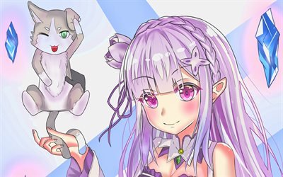 Emilia and Pack, close-up, spring, manga, Re Zero, girl with pink hair, Emilia, Pack