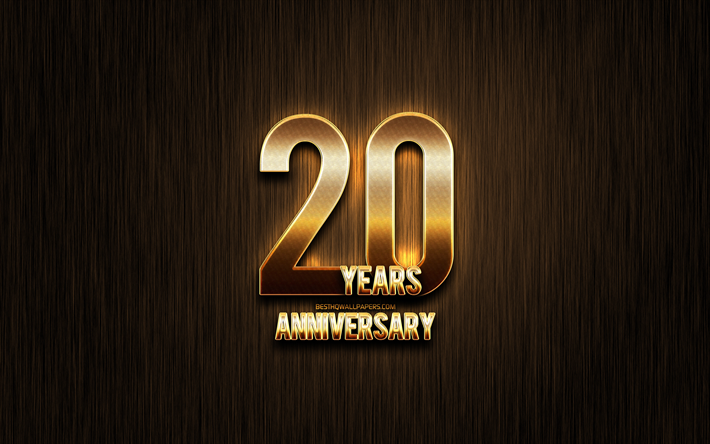 20 jahre, jubil&#228;um, goldenes glitter zeichen, jahrestag, konzepte, linear-metall-hintergrund, 20th anniversary, kreativ, golden 20th jubil&#228;um-zeichen