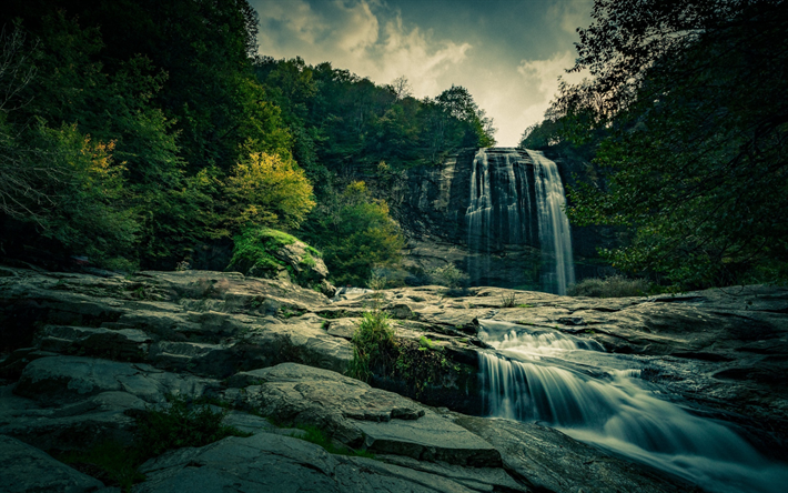 vattenfall, stenar, kv&#228;ll, sunset, vackra vattenfall, berg vattenfall