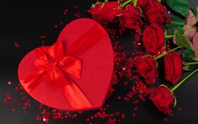 regalo romantico, cuore rosso scatola regalo, rose rosse, il Giorno di san Valentino, di seta rossa con fiocco, romantico, sfondo, amore concetti