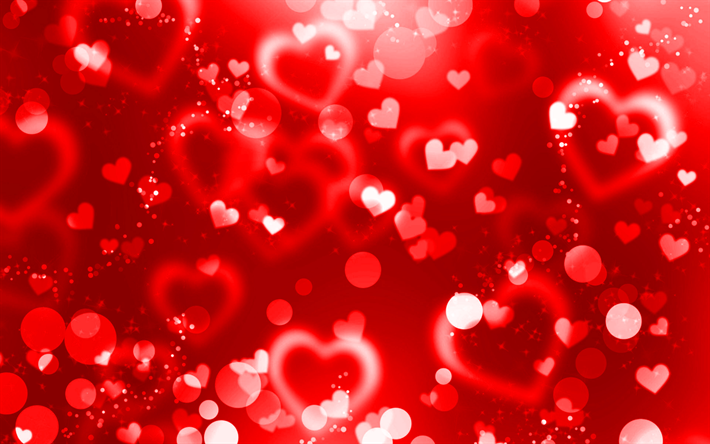 kırmızı Parlama kalpler, 4k, kırmızı glitter arka plan, yaratıcı, kavramlar, soyut kalpler, kırmızı kalpler, aşk