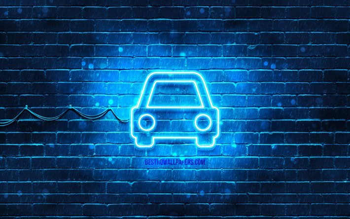 &#205;cone de neon do carro, 4k, fundo azul, s&#237;mbolos de neon, carro, &#237;cones criativos, neon, sinal de carro, placas de transporte, &#237;cone do carro, &#237;cones de transporte