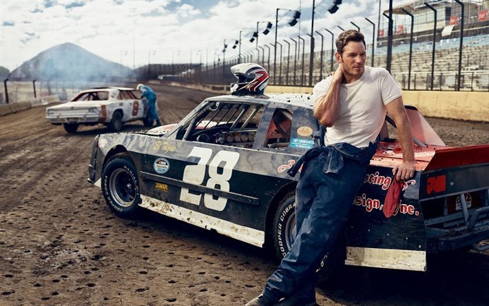 Chris Pratt, actor estadounidense, sesi&#243;n de fotos, coches de carreras, actores populares