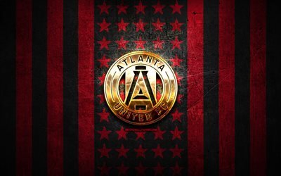 Bandera de Atlanta United, MLS, fondo de metal negro p&#250;rpura, club de f&#250;tbol americano, logotipo de Atlanta United, Estados Unidos, f&#250;tbol, Atlanta United FC, logotipo dorado