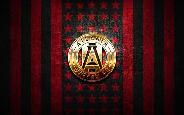 atlanta united flagge, mls, lila schwarzer metallhintergrund, amerikanischer fu&#223;ballverein, atlanta united logo, usa, fu&#223;ball, atlanta united fc, goldenes logo