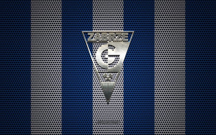 Logo Gornik Zabrze, squadra di calcio polacca, emblema in metallo, sfondo in rete metallica blu e bianca, Gornik Zabrze, Ekstraklasa, Zabrze, Polonia, calcio